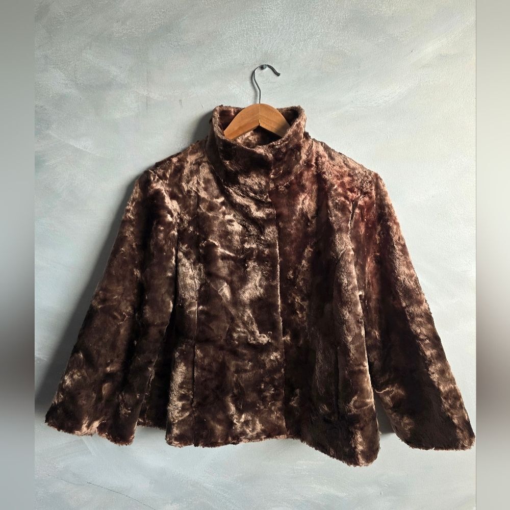 Brown Faux Fur Moc High Neck Crop Jacket Sz 8  Sun Bleached Discoloration